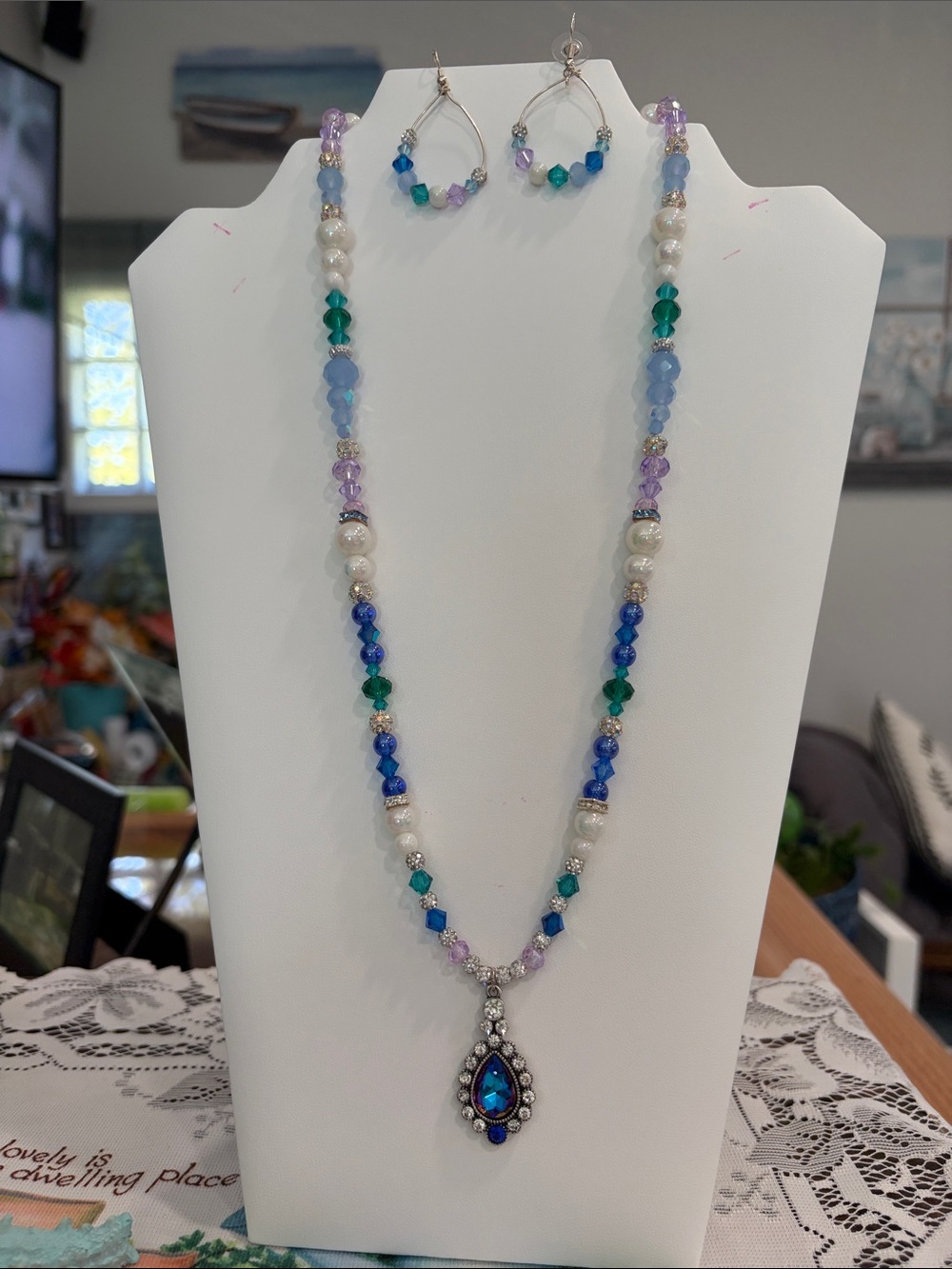 Multicolor Beaded Necklace with Teardrop Pendant - Blue & Green Accents